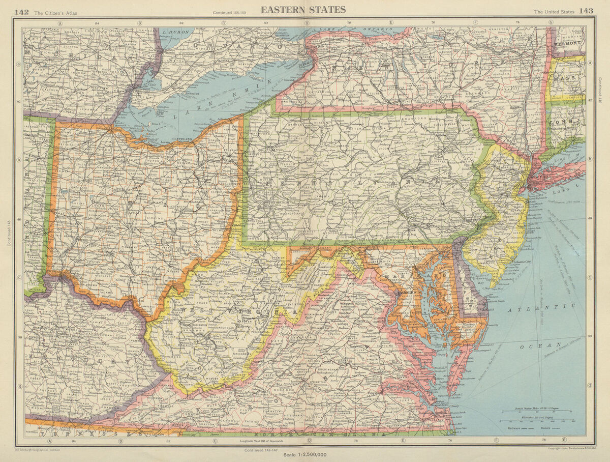 Usa Eastern States Wv Virginia Pennsylvania Md Delaware New Jersey Ohio 1947 Map inside Ohio Pennsylvania West Virginia Map