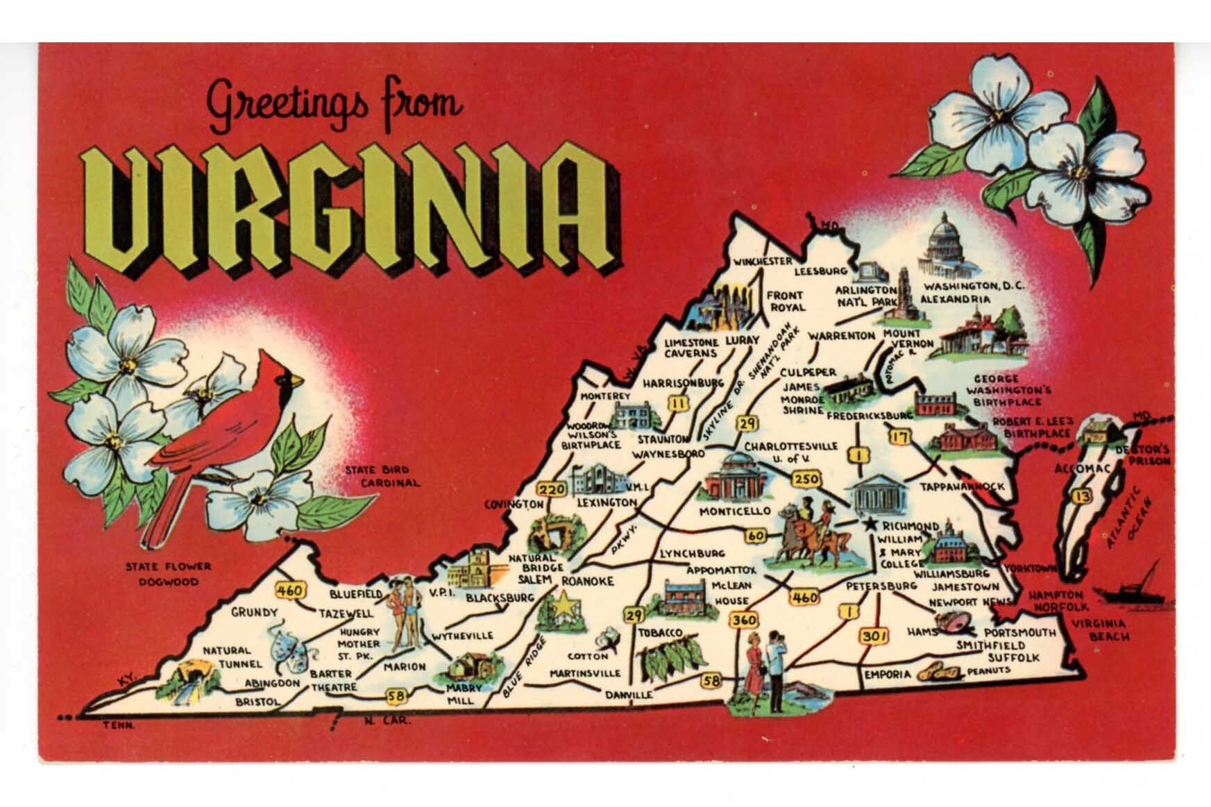 Va - Virginia Map | Topics - Maps, Postcard / Hippostcard inside Map Of Virginia Tourist Attractions