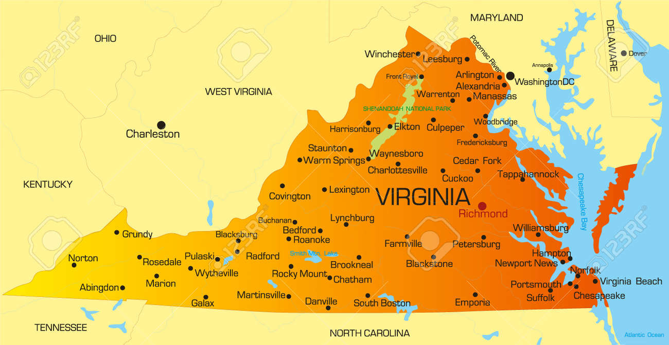 Vector Color Map Of Virginia State. Usa Royalty Free Svg, Cliparts in Virginia State on Us Map