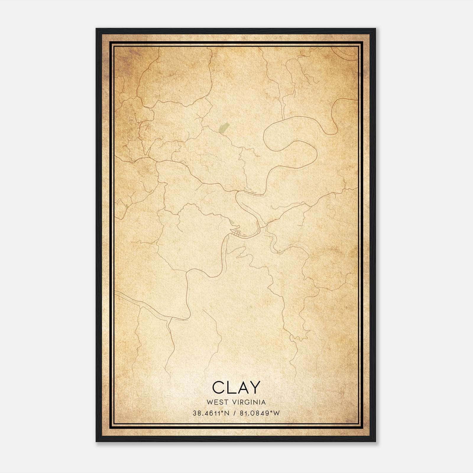 Vintage Clay West Virginia Map Poster, Clay Wv City Road Wall Art Print - Custom Maps &amp;amp; Posters regarding Map Of Clay West Virginia
