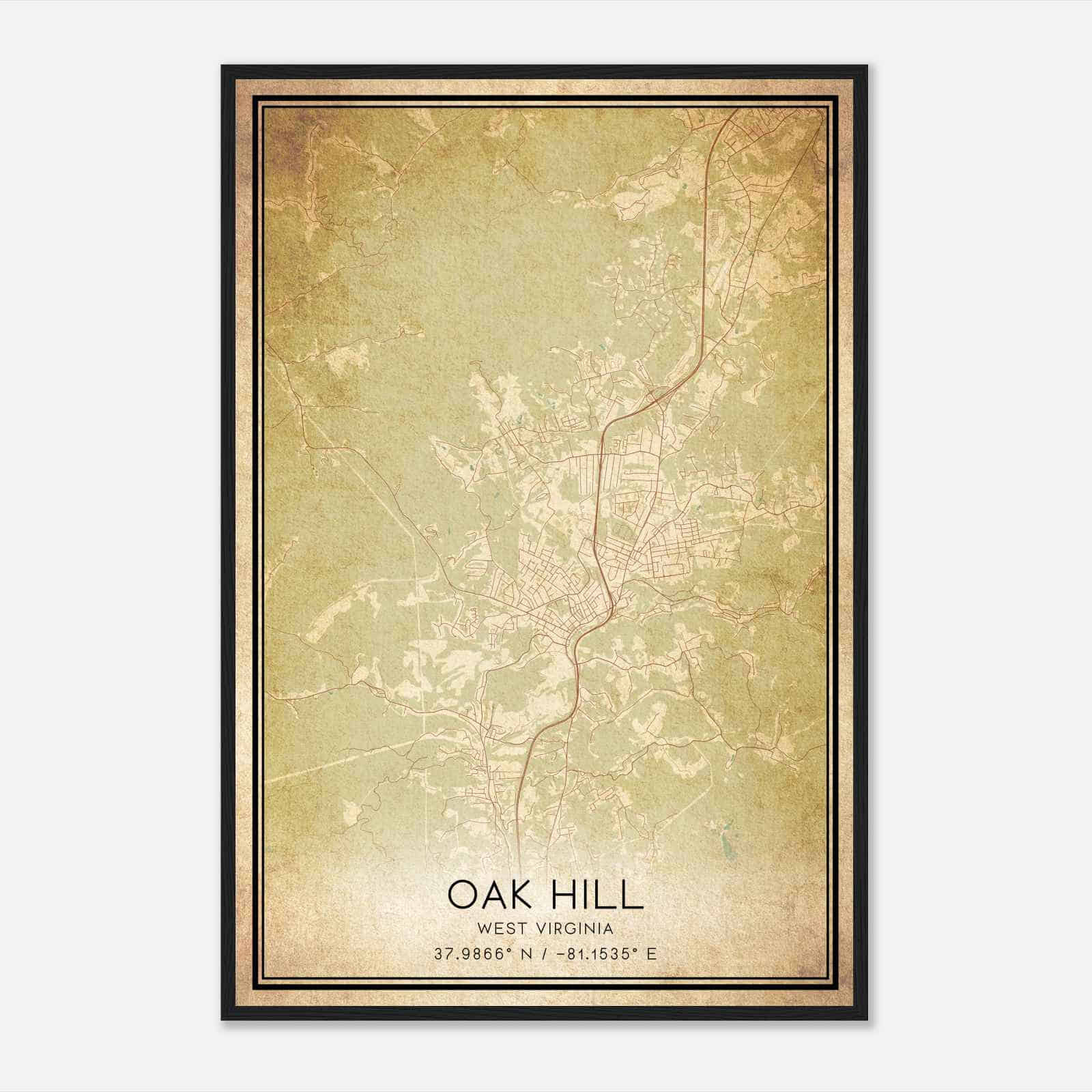 Vintage Oak Hill West Virginia Map Poster, Modern Home Decor Wall Art Print - Custom Maps &amp;amp; Posters in Oak Hill West Virginia Map