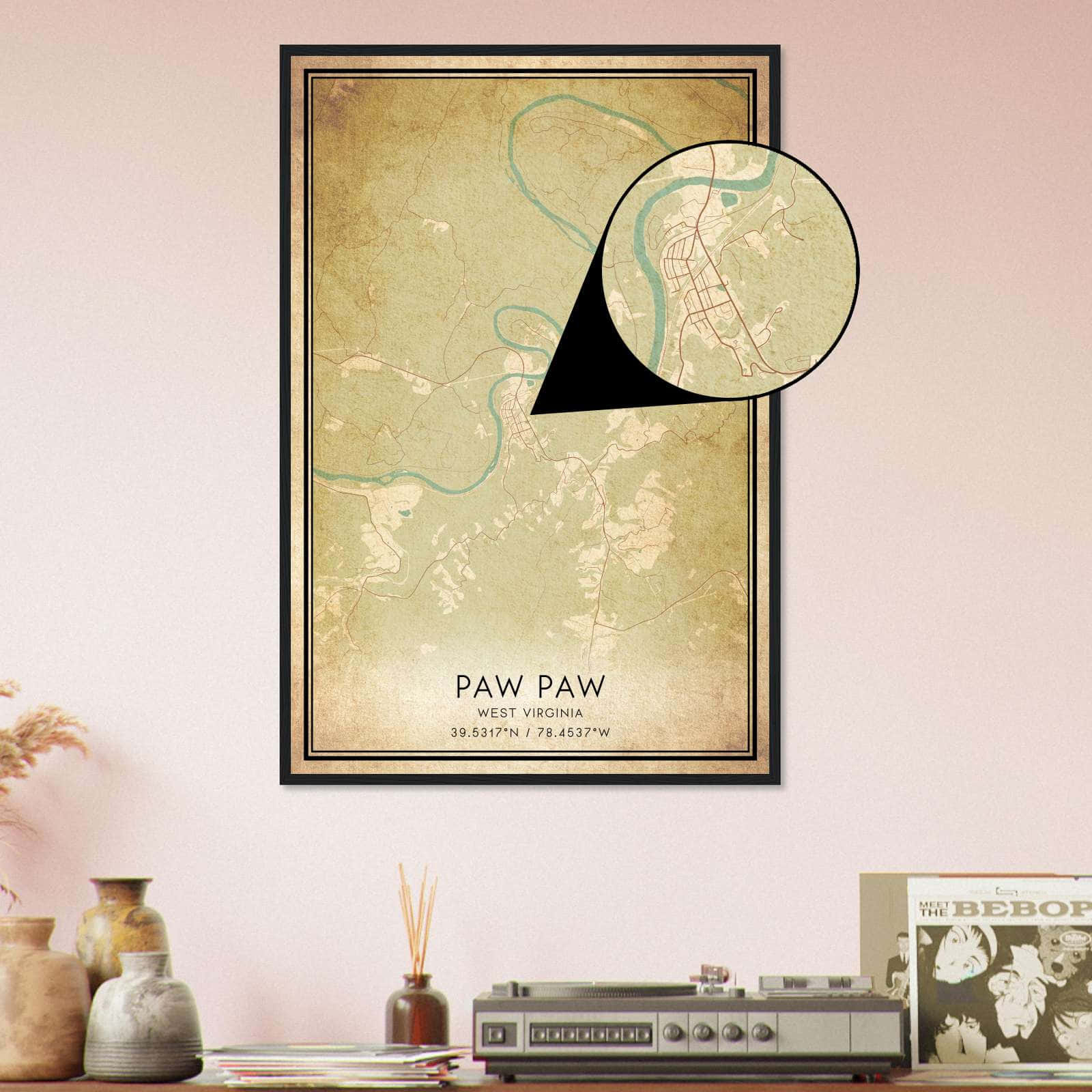 Vintage Paw Paw West Virginia Map Poster, Paw Paw Wv City Road Wall Art Print - Custom Maps &amp;amp; Posters throughout Paw Paw West Virginia Map