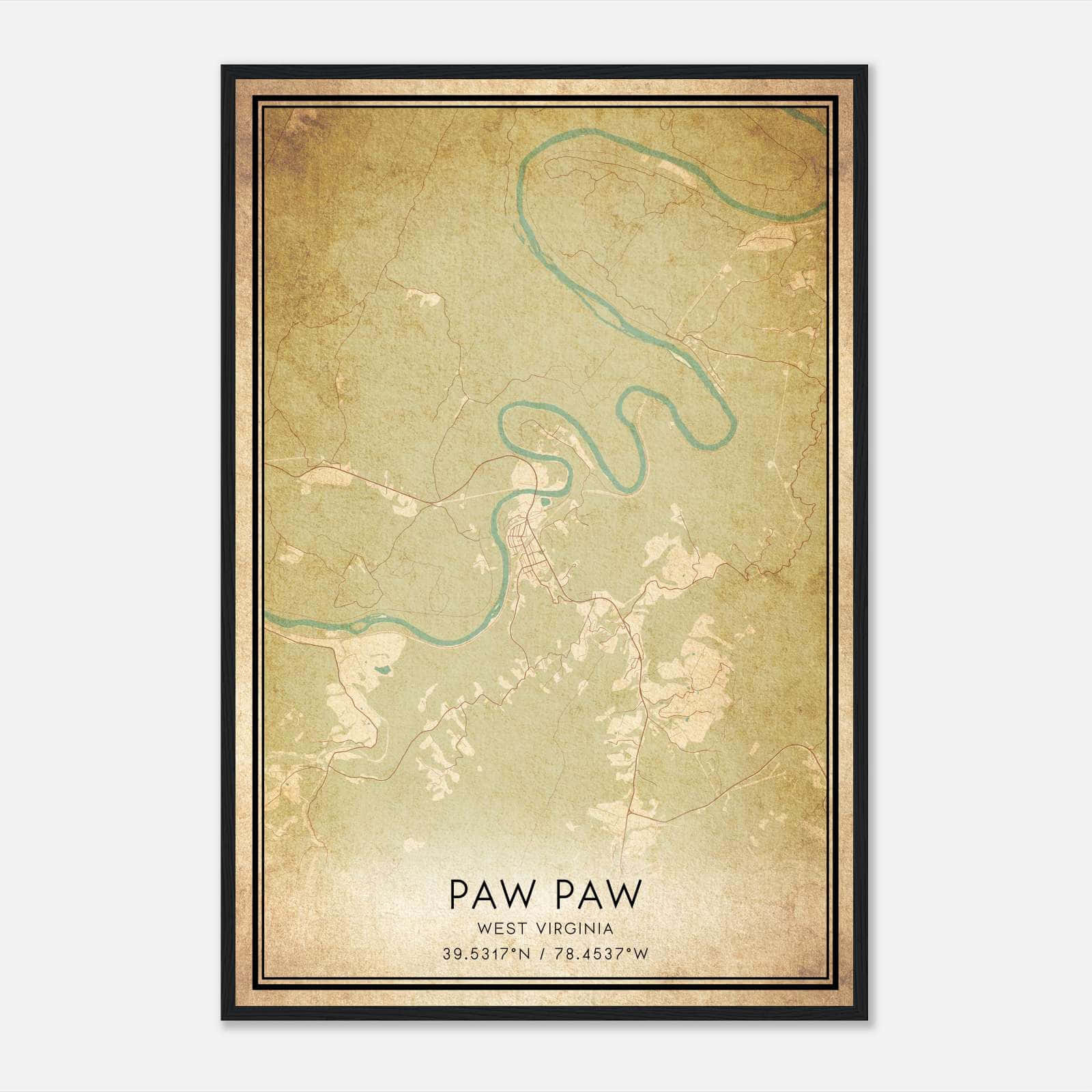 Vintage Paw Paw West Virginia Map Poster, Paw Paw Wv City Road Wall Art Print - Custom Maps &amp;amp; Posters with Paw Paw West Virginia Map