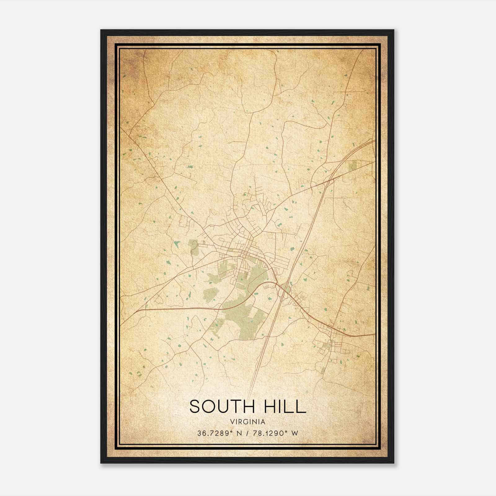 Vintage South Hill Virginia Map Poster, South Hill Va City Road Wall Art Print - Custom Maps &amp;amp; Posters throughout Map Of South Hill Virginia