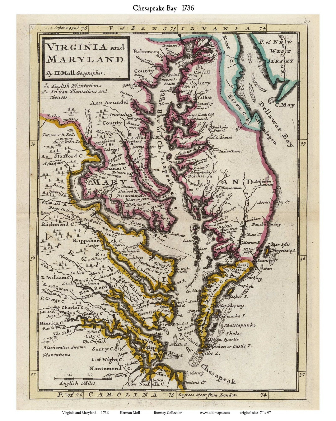 Virginia And Maryland (Chesapeake Bay And Delmarva) 1736 Mapherman Moll - Md Chesapeake Bay Reprint - Etsy.de pertaining to Map Of Chesapeake Bay Virginia
