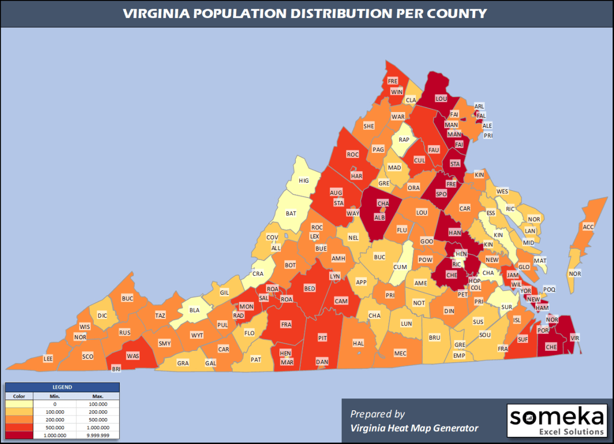 Virginia County Map And Population List In Excel pertaining to Population Density Map of Virginia
