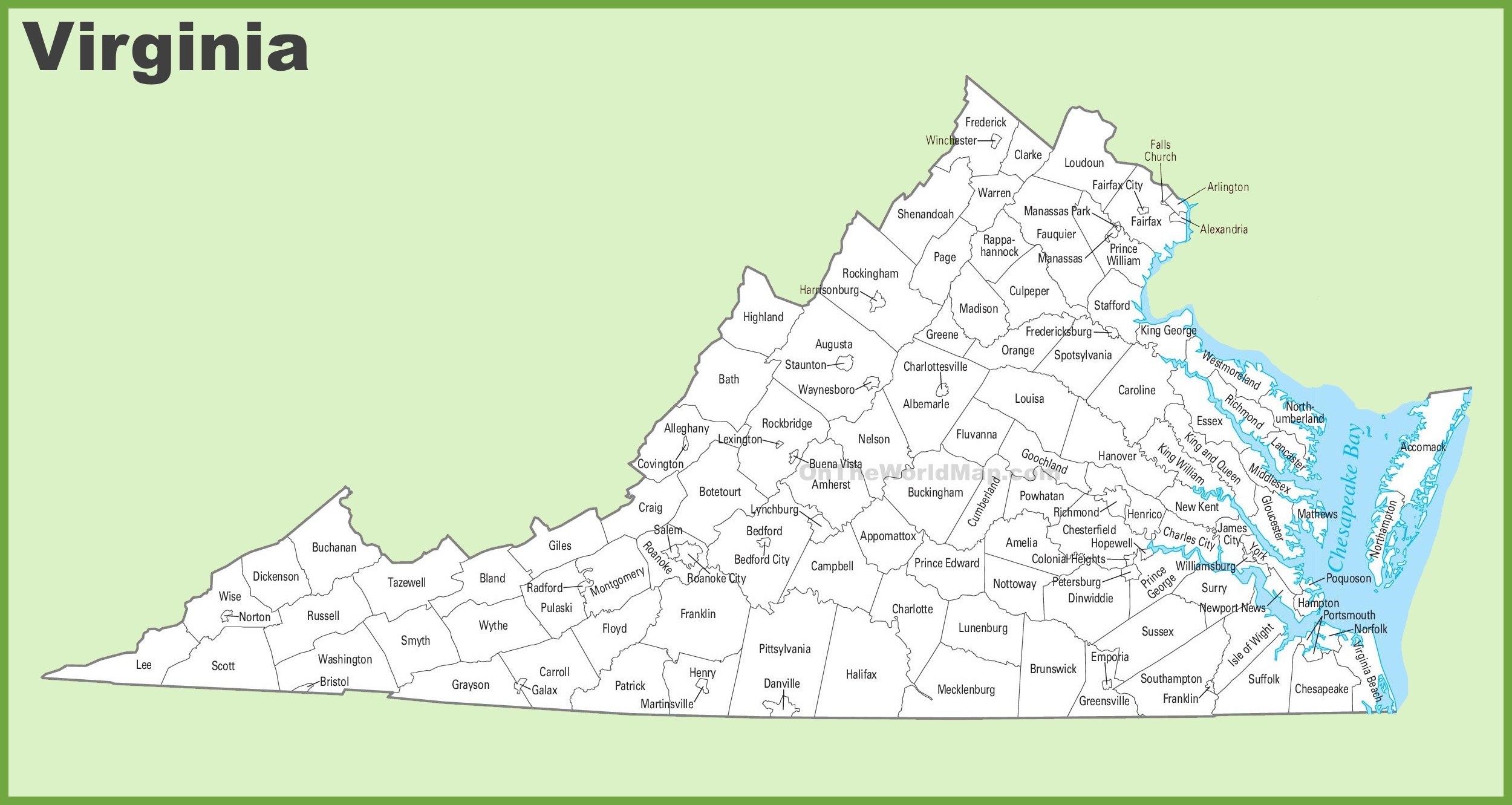 Virginia County Map - Ontheworldmap intended for Virginia State Map By County