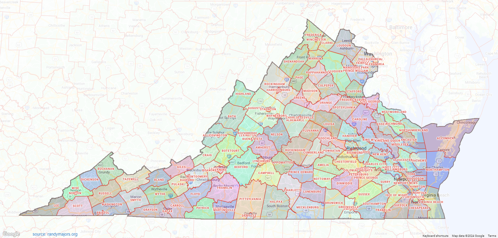 Virginia County Map – Shown On Google Maps for Map of Virginia County Lines