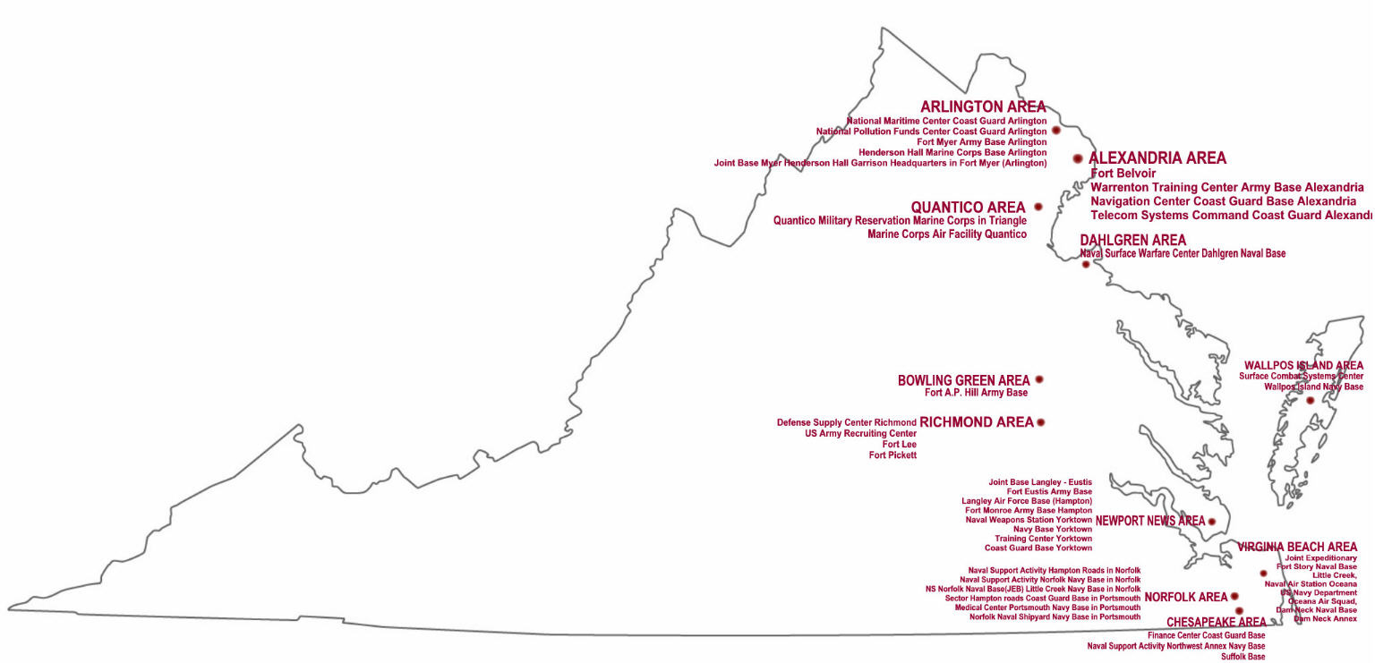 Virginia Military Relocation And Real Estate Agents And Brokers pertaining to Map Of Military Installations In Virginia