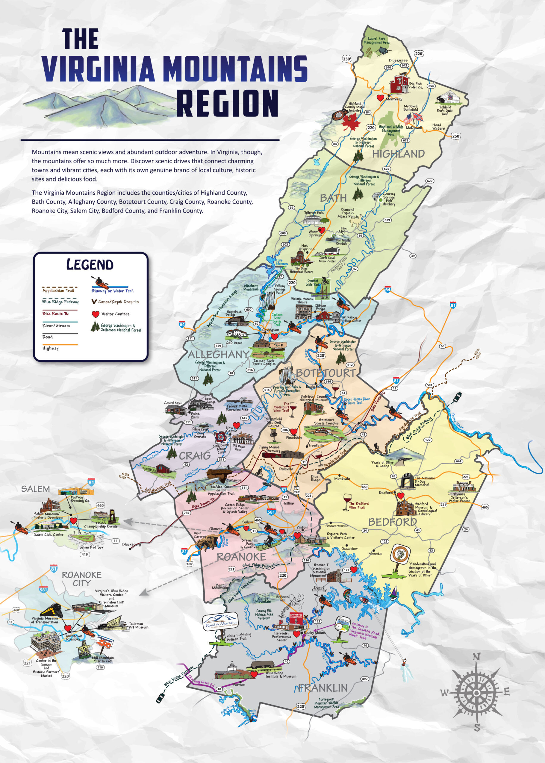 Virginia Mountains Region Map within Blue Ridge Mountains Virginia Map