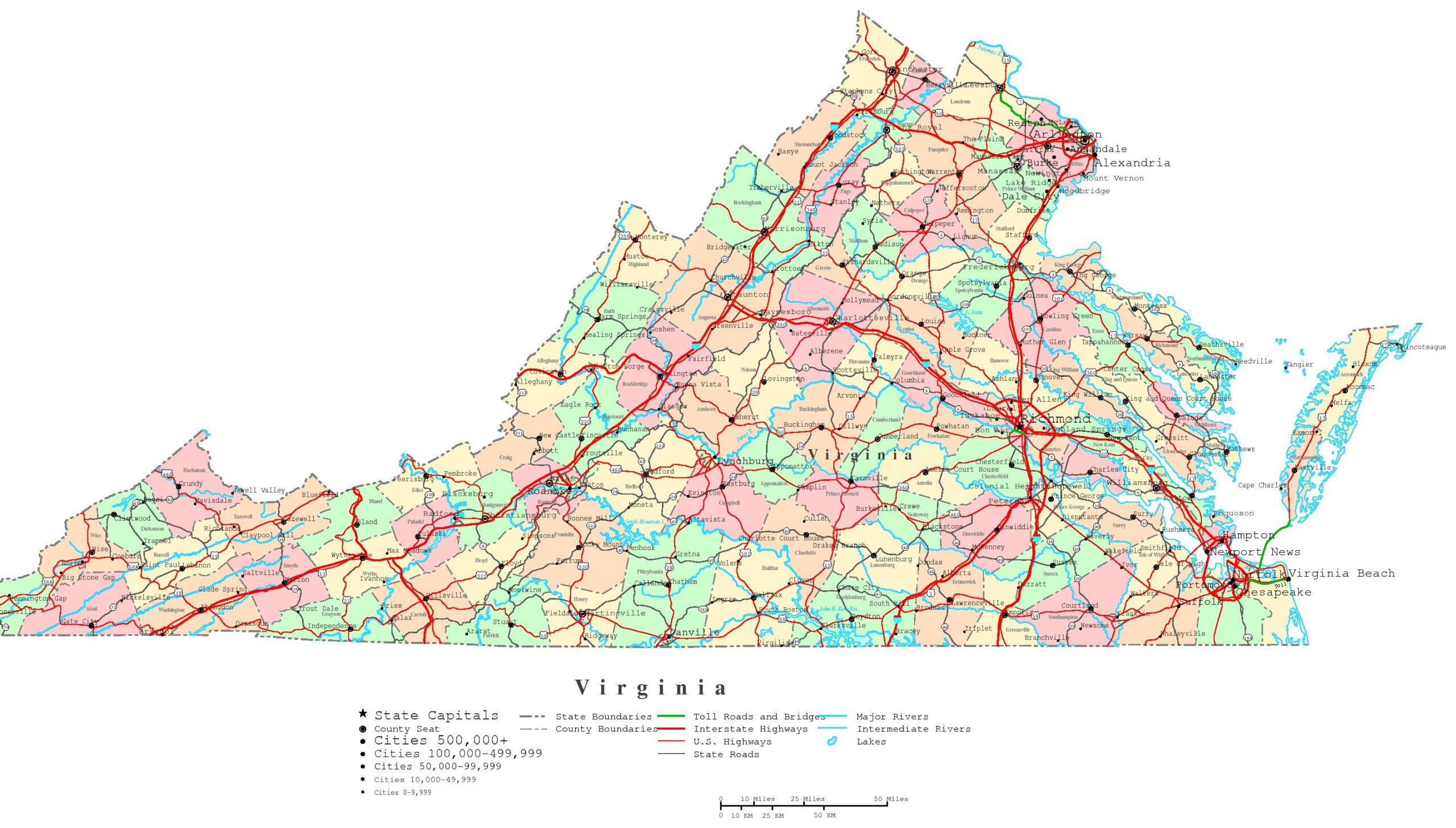 Virginia Printable Map pertaining to Political Map Of Virginia With Cities