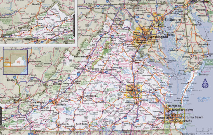 Highway Map of Virginia and North Carolina