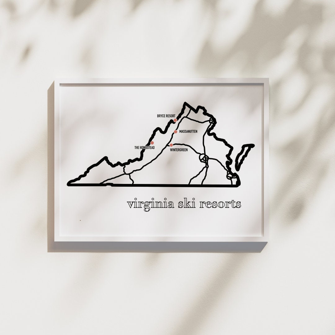 Virginia Ski Resorts Map - Travel Wall Art Decor - Etsy intended for Ski Areas in Virginia Map