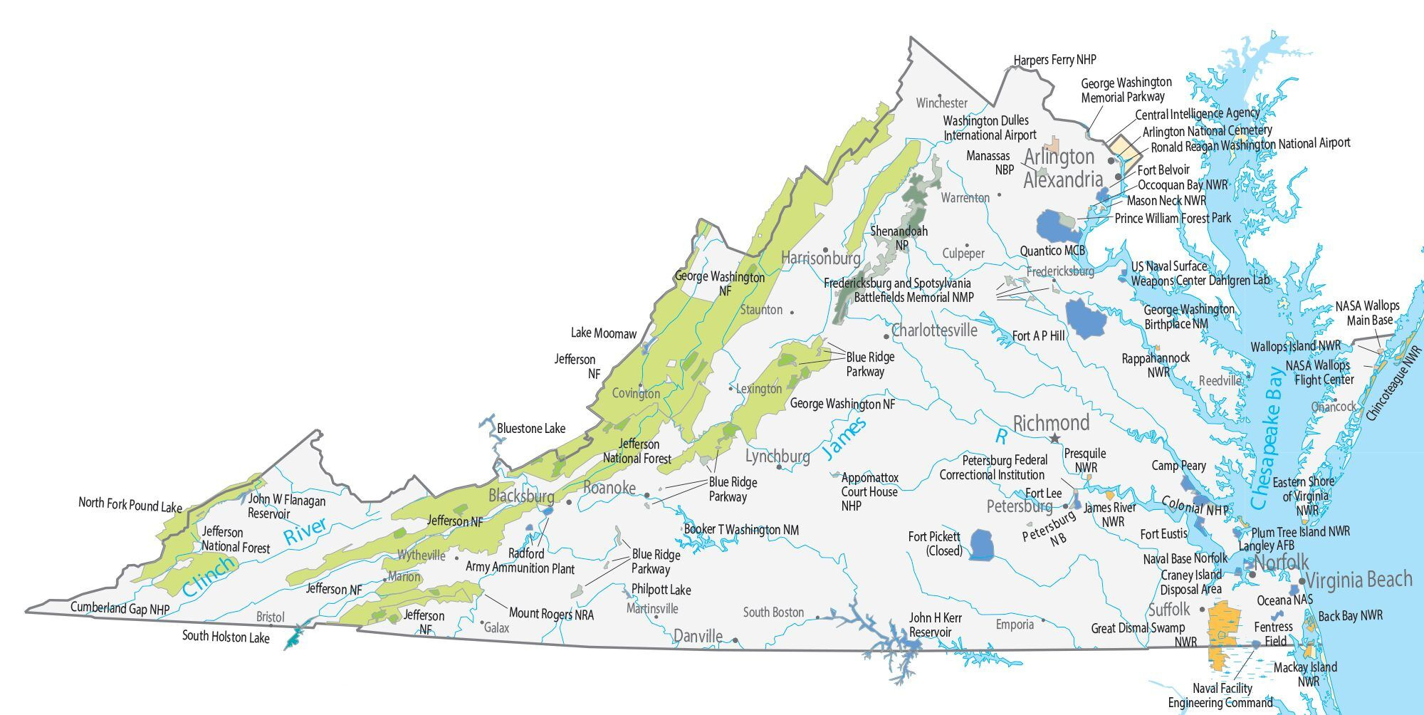 Virginia State Map - Places And Landmarks - Gis Geography inside Historical Sites in Virginia Map