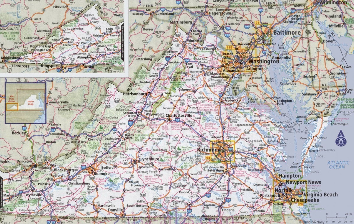 Virginia State Road Map Bild Poster Fotodruck Stadt County Straßen throughout Road Atlas Map of Virginia