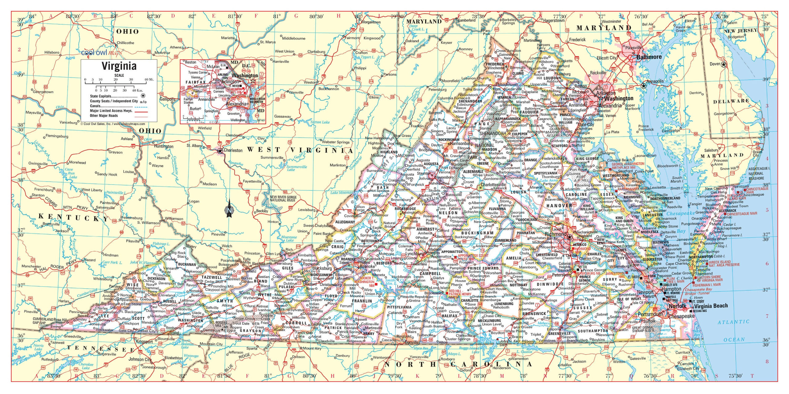 Virginia State Wall Map Large Print Poster regarding State Map of Virginia