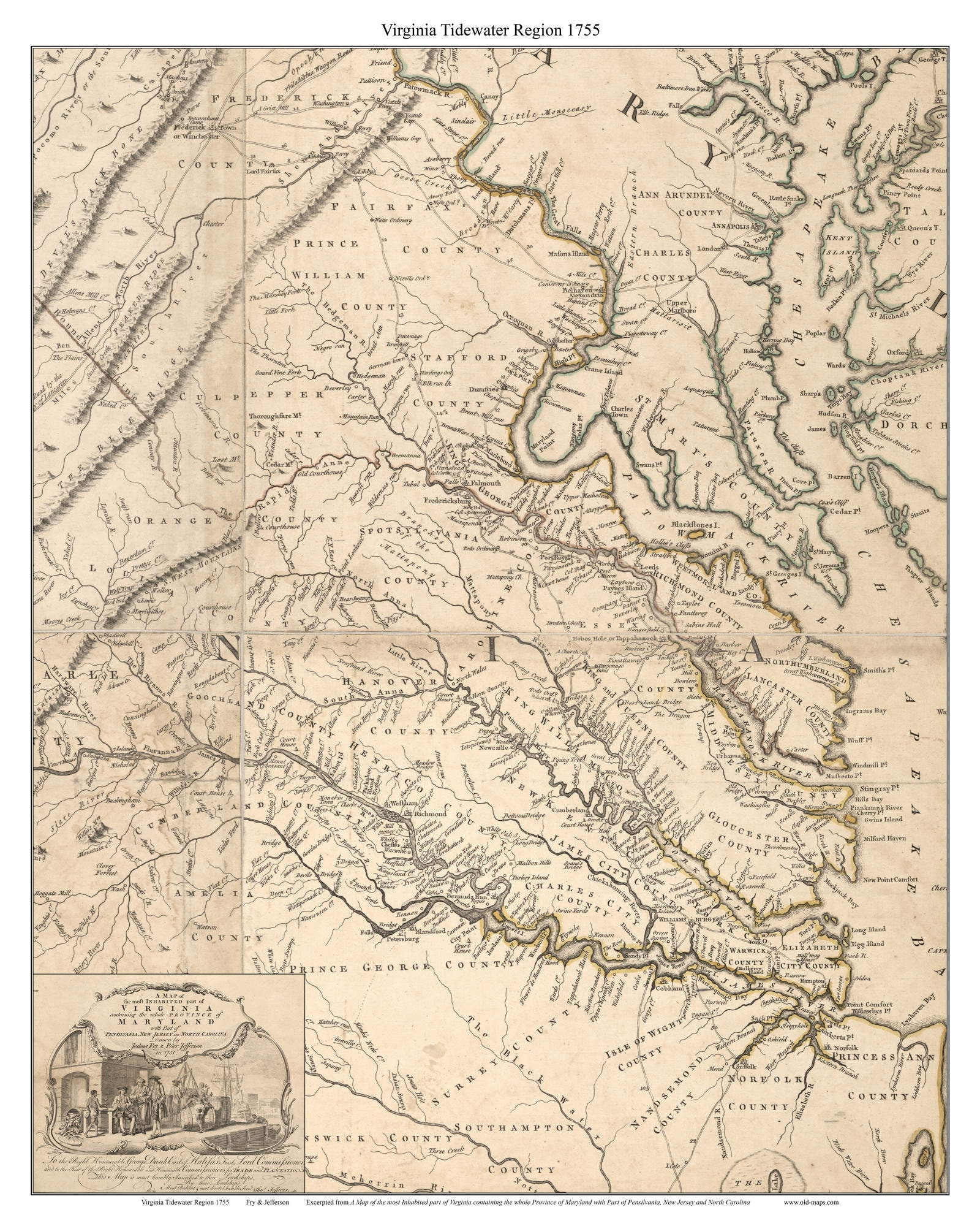 Virginia Tidewater Region 1755 Plantation Names Custom State Map inside Map of the Tidewater Region of Virginia