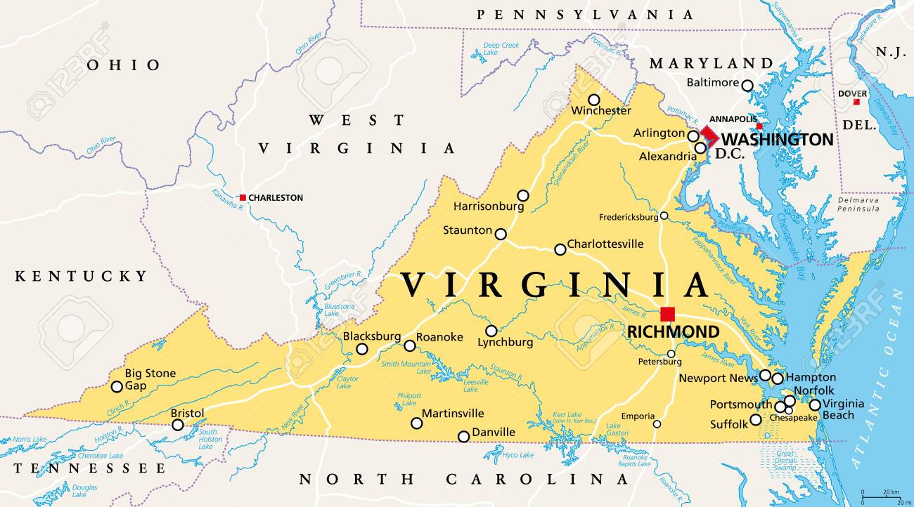 Virginia, Va, Politische Karte. Commonwealth Von Virginia. Staat throughout Mapa Del Estado De Virginia