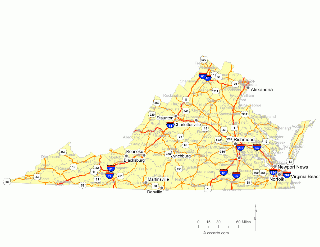 Virginia&amp;#039;S Roads - Virginia&amp;#039;S Interstates And Hwys Map - Cccarto within State Of Virginia Road Map