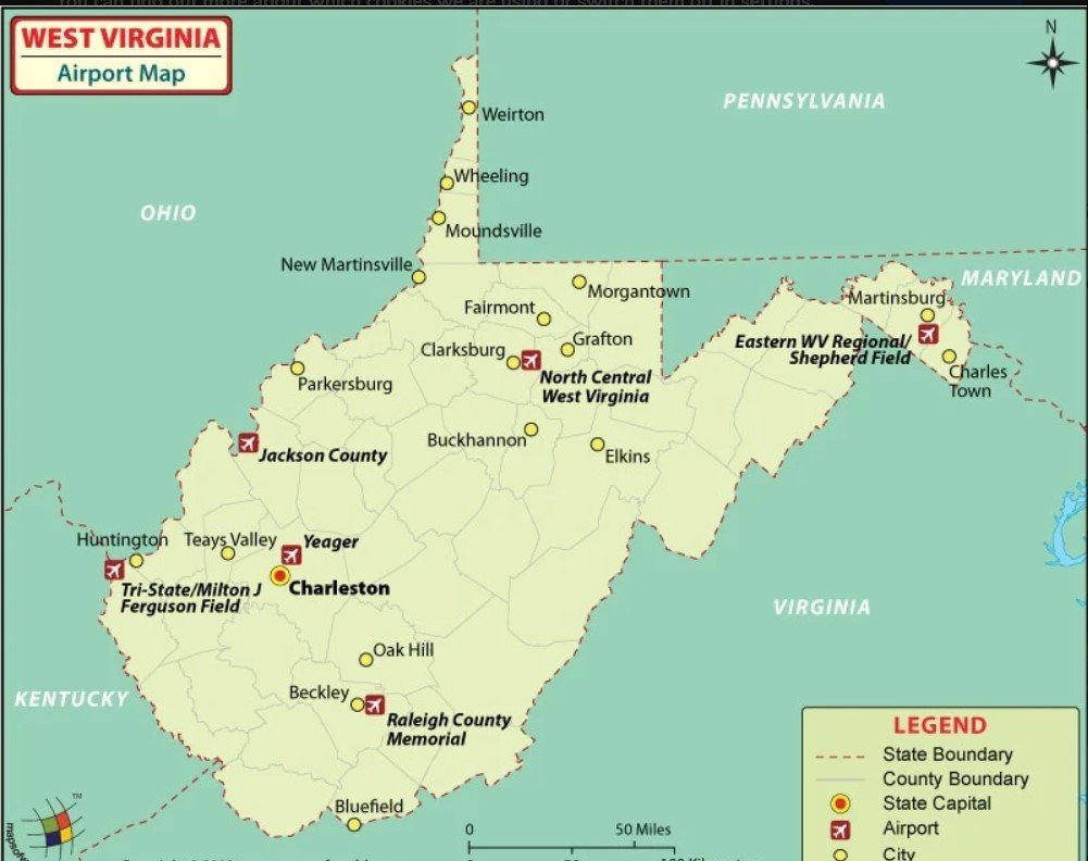 West Virginia Airports Map in Airports in West Virginia Map