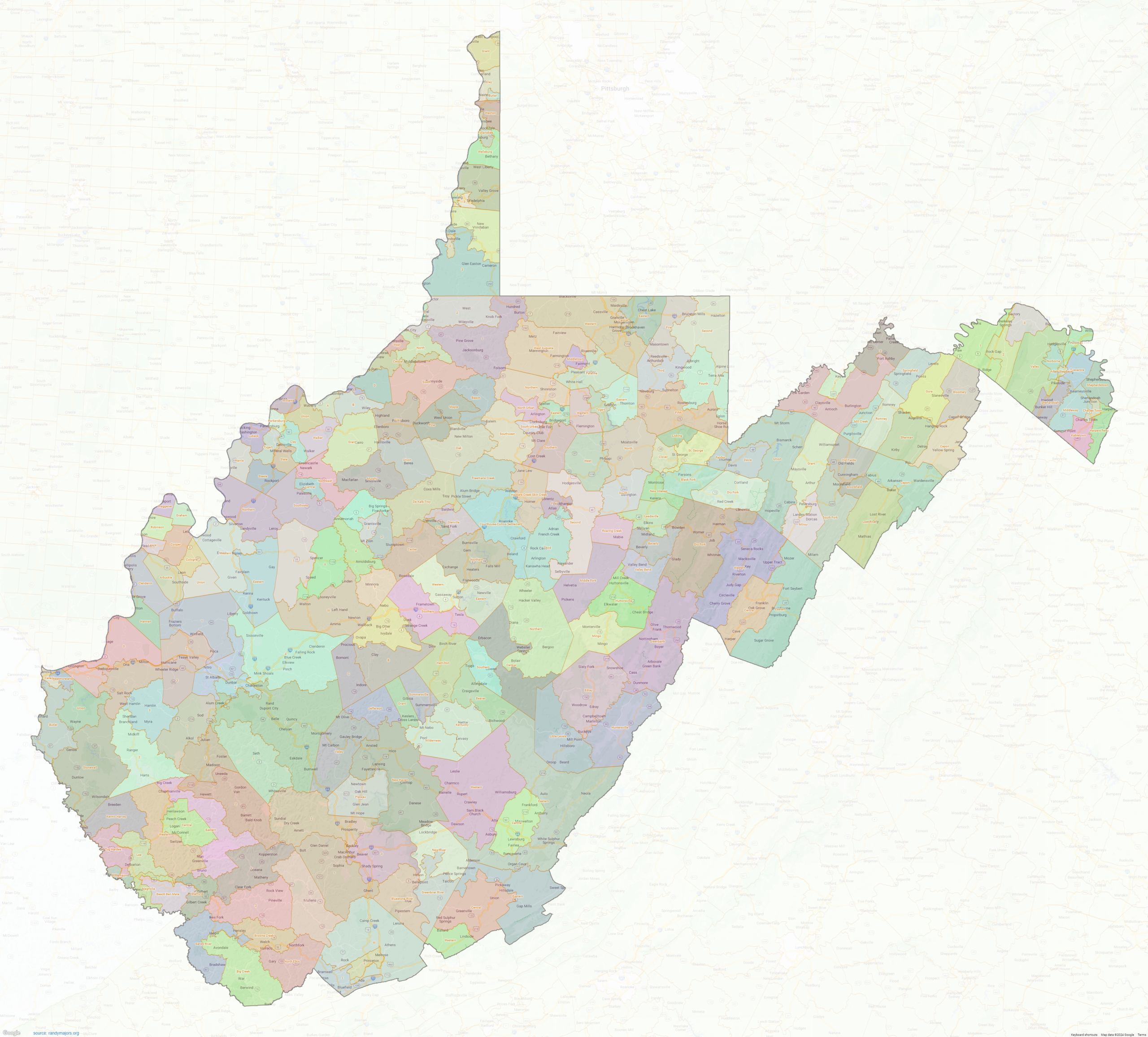 West Virginia Civil Township Boundaries Map – Large Image – Shown inside Google Map of West Virginia