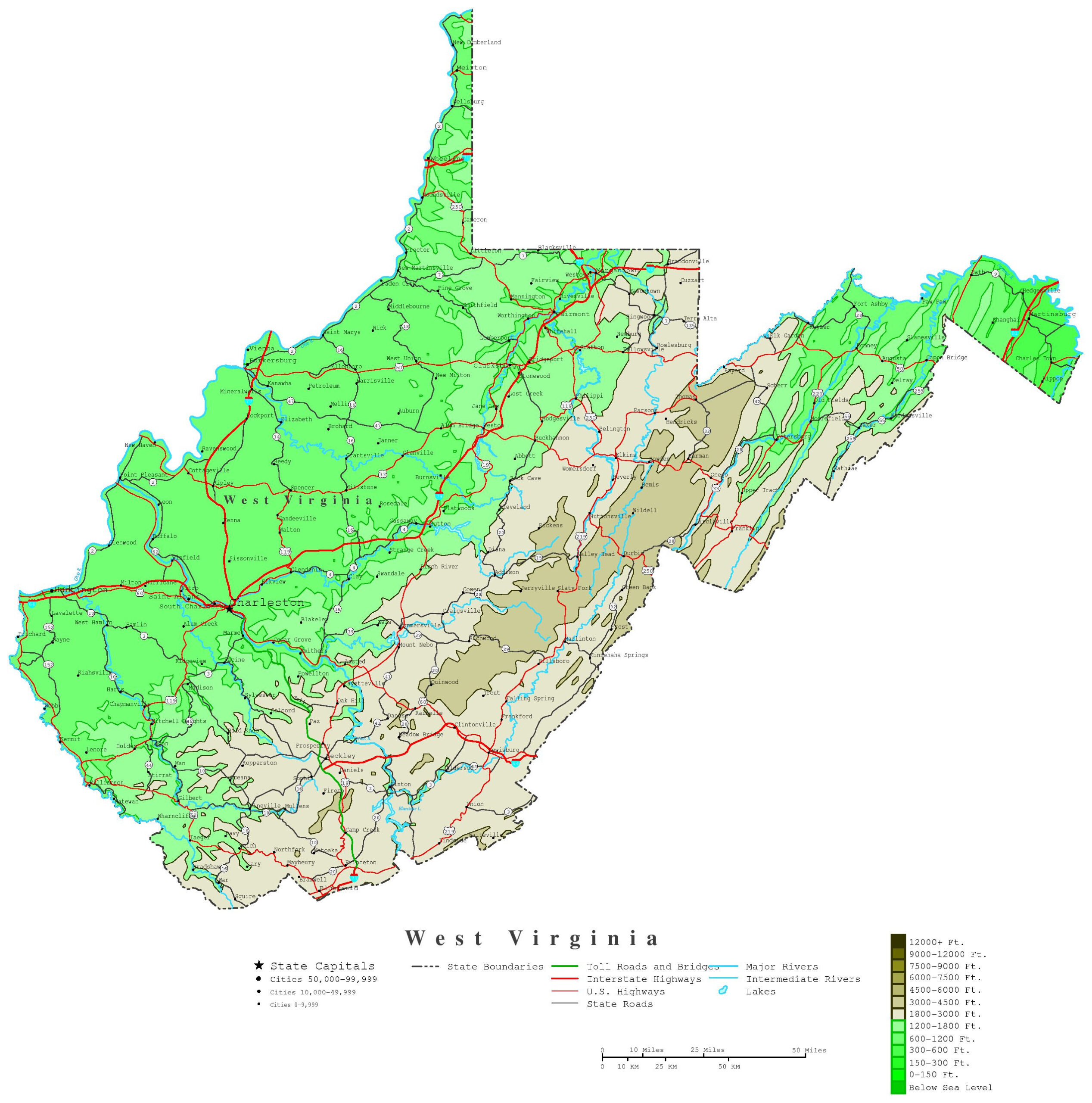 West Virginia Contour Map inside Elevation Map Of West Virginia