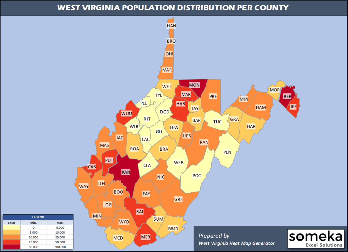 West Virginia County Map And Population List In Excel with regard to West Virginia Population Density Map