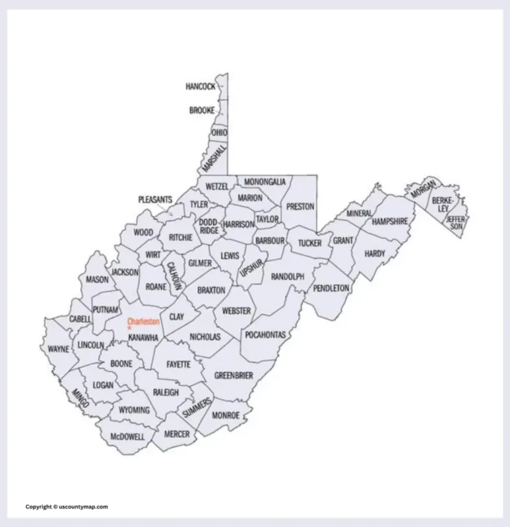 Map of West Virginia with Counties and Cities