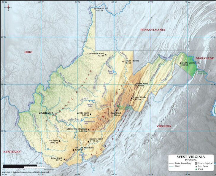 Physical Map of West Virginia