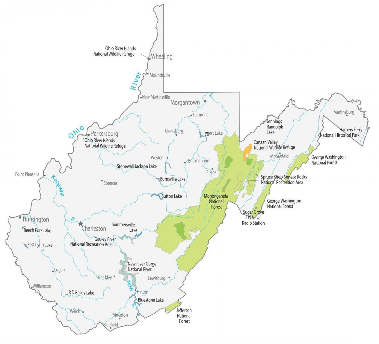 West Virginia State Map - Places And Landmarks - Gis Geography inside Lakes In West Virginia Map
