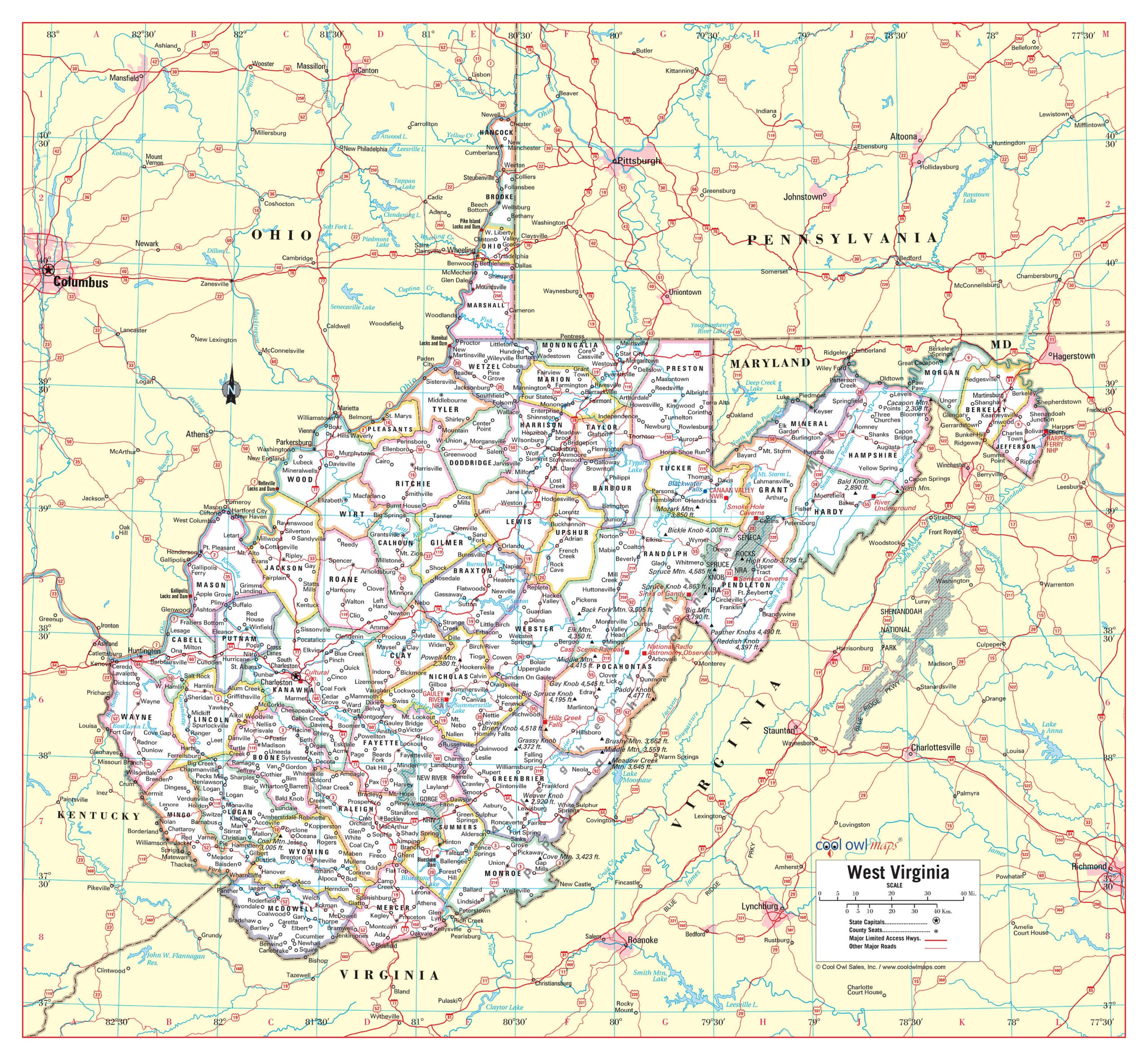 West Virginia State Wall Map Large Print Poster - 24&amp;quot;Hx26&amp;quot;W - Etsy intended for The Map Of West Virginia