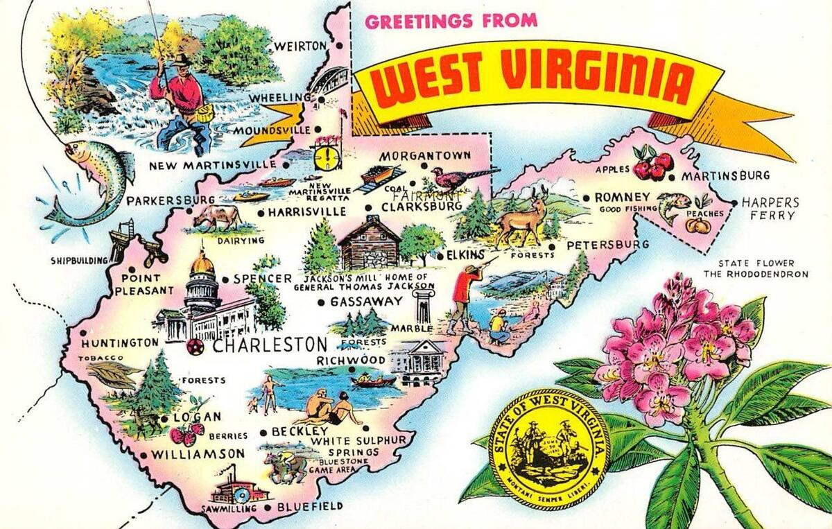 West Virginia Wv Map Card Greetings Roadside Attractions Ca1980&amp;#039;S throughout West Virginia Tourist Attractions Map