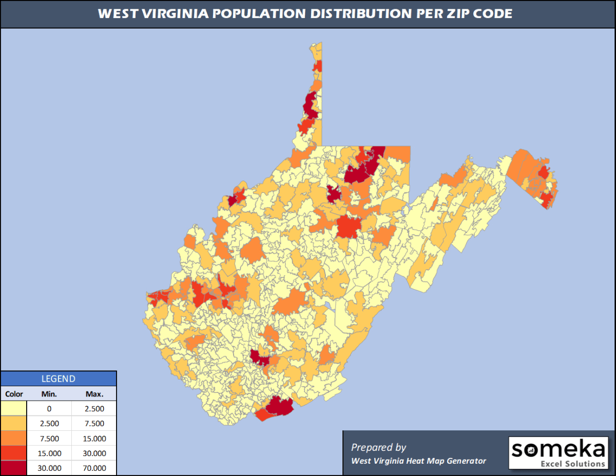West Virginia Zip Code Map And Population List In Excel with regard to West Virginia Population Density Map