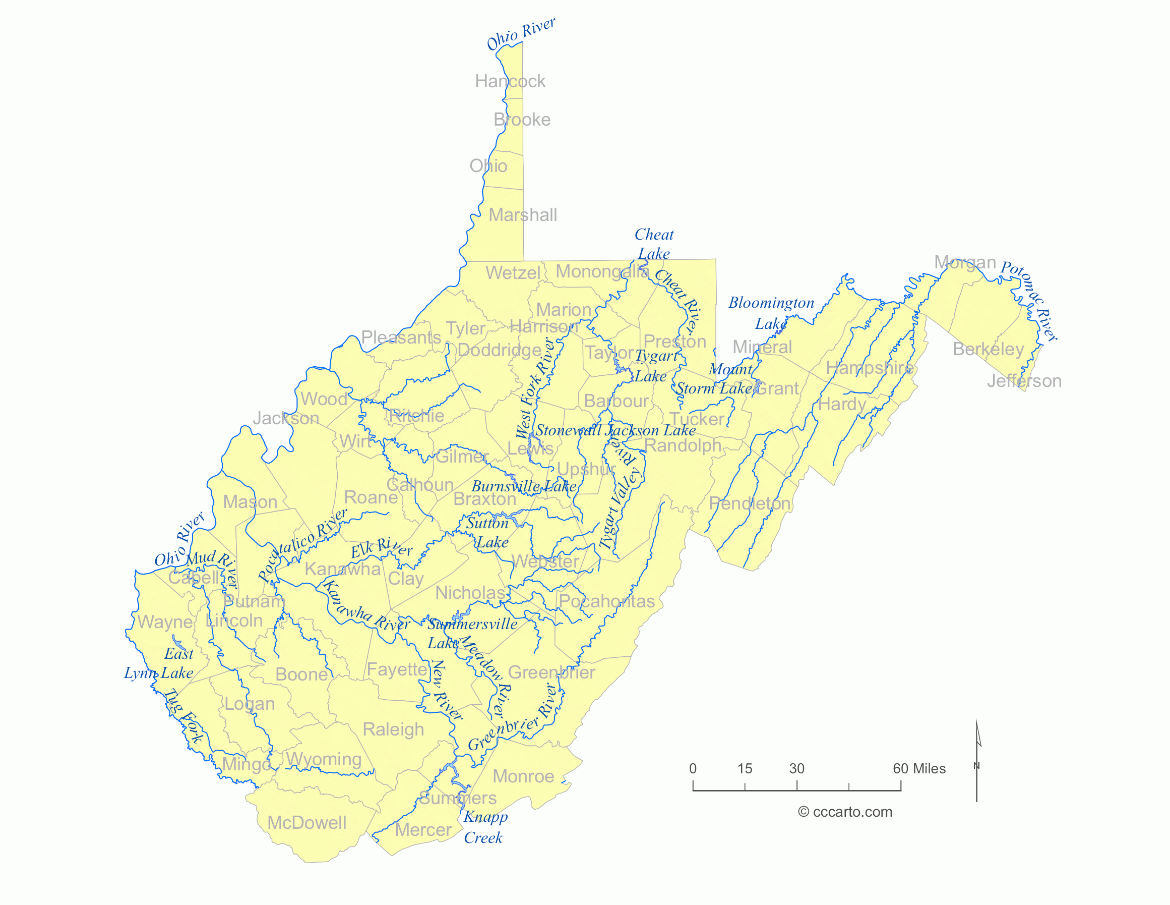 West Virginia&amp;#039;S Lakes And Rivers Map - Cccarto in Map of West Virginia Lakes