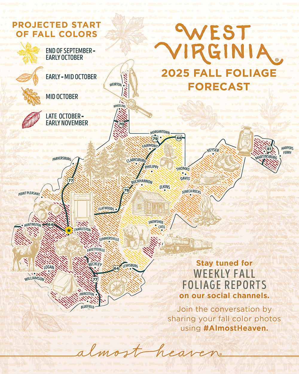 Wv Department Of Tourism Releases 2025 Fall Foliage Projection Map regarding West Virginia Fall Color Map