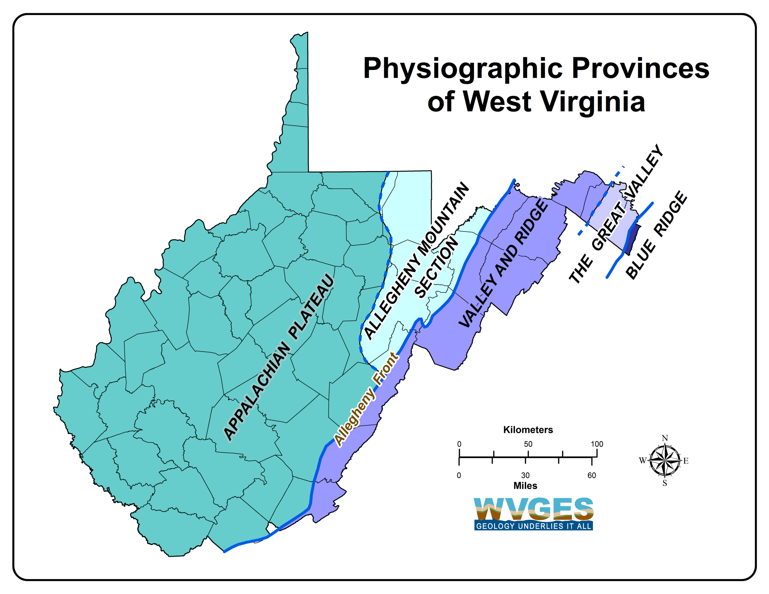 Wvges::wv Physiographic Provinces in Blue Ridge Mountains West Virginia Map